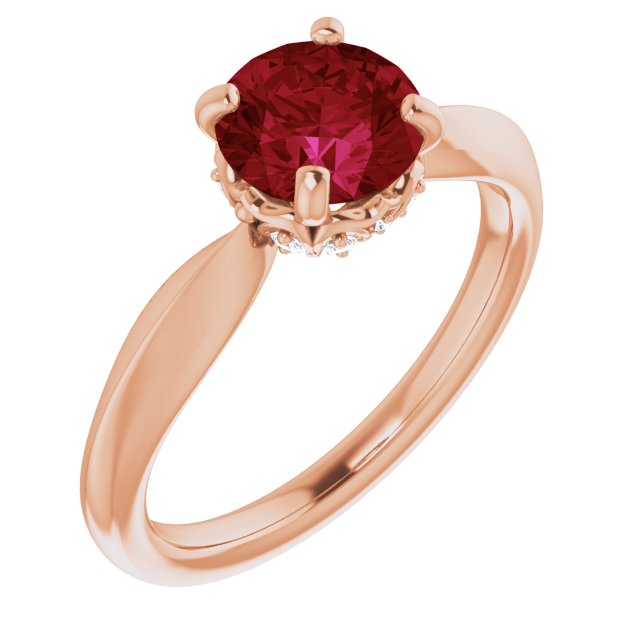 14K Gold Round Lab-Grown Ruby & Natural Diamond Accented Vintage-Inspired Ring - Rose Gold