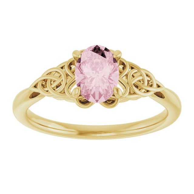 14K Gold Oval Natural Pink Morganite Celtic-Inspired Solitaire Ring - Yellow Gold - view 3