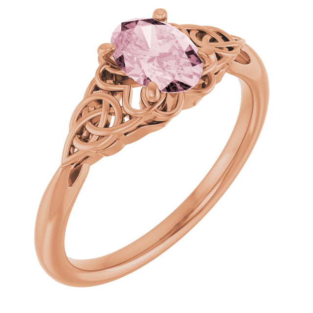 14K Gold Oval Natural Pink Morganite Celtic-Inspired Solitaire Ring - Rose Gold