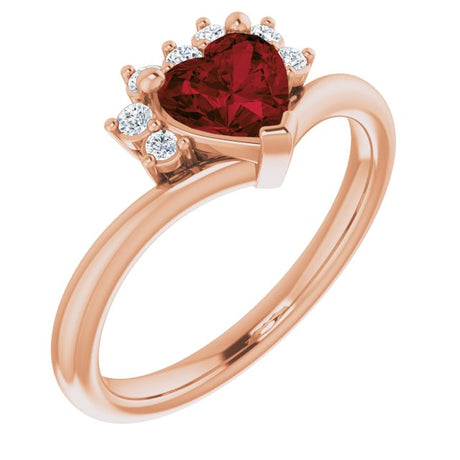 14K Gold Natural Mozambique Garnet & Natural Diamond Accented Heart Ring - Rose Gold