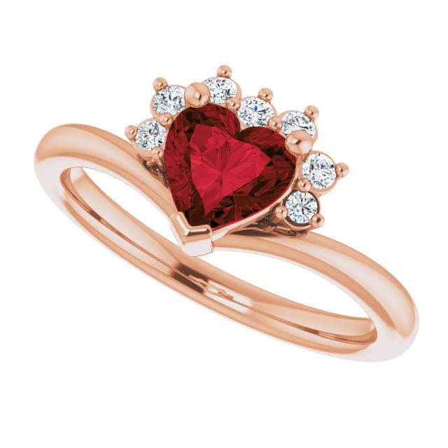 14K Gold Natural Mozambique Garnet & Natural Diamond Accented Heart Ring - Rose Gold - view 5