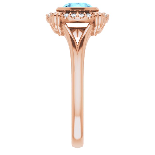 14K Gold Round Natural Aquamarine & Natural Diamond Bezel-Set Halo-Style Ring - Rose Gold - view 4