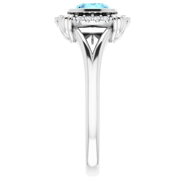 Platinum Round Natural Aquamarine & Natural Diamond Bezel-Set Halo-Style Ring - view 4