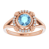 14K Gold Round Natural Aquamarine & Natural Diamond Bezel-Set Halo-Style Ring - Rose Gold - view 3