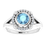 14K Gold Round Natural Aquamarine & Natural Diamond Bezel-Set Halo-Style Ring - White Gold - view 3