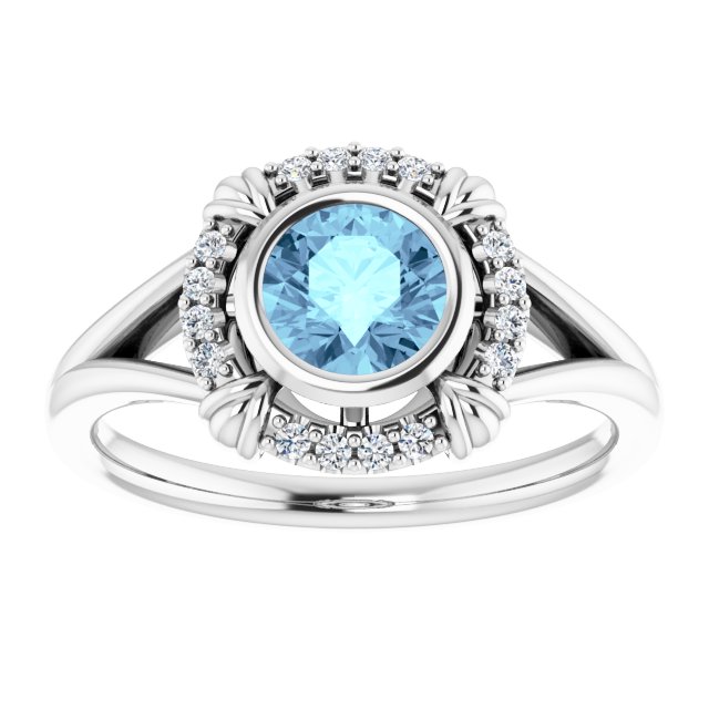 14K Gold Round Natural Aquamarine & Natural Diamond Bezel-Set Halo-Style Ring - White Gold - view 3