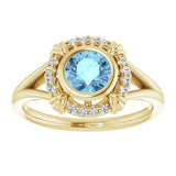 14K Gold Round Natural Aquamarine & Natural Diamond Bezel-Set Halo-Style Ring - Yellow Gold - view 3