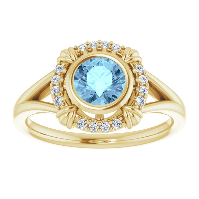 14K Gold Round Natural Aquamarine & Natural Diamond Bezel-Set Halo-Style Ring - Yellow Gold - view 3