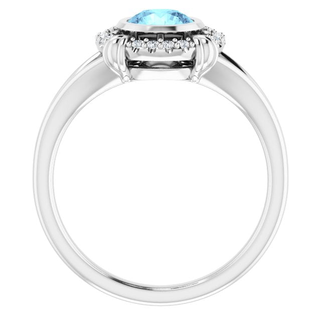 14K Gold Round Natural Aquamarine & Natural Diamond Bezel-Set Halo-Style Ring - White Gold - view 2
