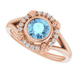 14K Gold Round Natural Aquamarine & Natural Diamond Bezel-Set Halo-Style Ring - Rose Gold - view 5