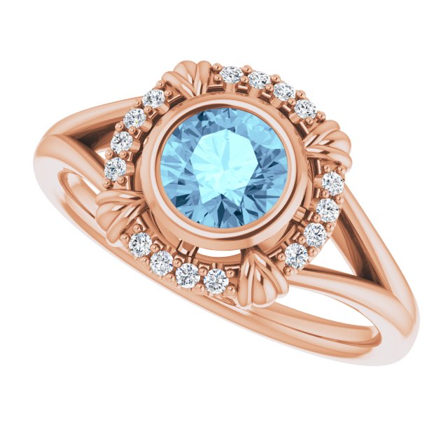 14K Gold Round Natural Aquamarine & Natural Diamond Bezel-Set Halo-Style Ring - Rose Gold - view 5
