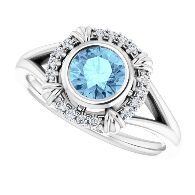 14K Gold Round Natural Aquamarine & Natural Diamond Bezel-Set Halo-Style Ring - White Gold - view 5