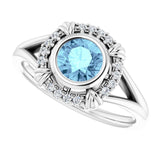 Platinum Round Natural Aquamarine & Natural Diamond Bezel-Set Halo-Style Ring - view 5