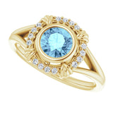 14K Gold Round Natural Aquamarine & Natural Diamond Bezel-Set Halo-Style Ring - Yellow Gold - view 5