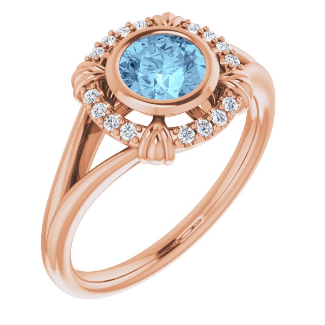 14K Gold Round Natural Aquamarine & Natural Diamond Bezel-Set Halo-Style Ring - Rose Gold