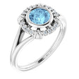 14K Gold Round Natural Aquamarine & Natural Diamond Bezel-Set Halo-Style Ring - White Gold