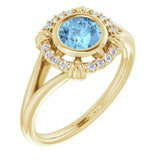 14K Gold Round Natural Aquamarine & Natural Diamond Bezel-Set Halo-Style Ring - Yellow Gold