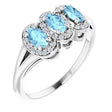 Platinum Oval Natural Aquamarine & Natural Diamond Halo-Style Three-Stone Ring