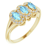 14K Gold Oval Natural Aquamarine & Natural Diamond Halo-Style Three-Stone Ring - Yellow Gold