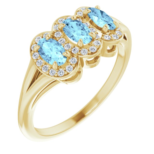 14K Gold Oval Natural Aquamarine & Natural Diamond Halo-Style Three-Stone Ring - Yellow Gold
