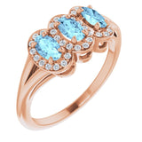 14K Gold Oval Natural Aquamarine & Natural Diamond Halo-Style Three-Stone Ring - Rose Gold