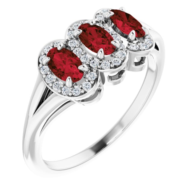 Platinum Oval Natural Mozambique Garnet & Natural Diamond Halo-Style Three-Stone Ring – 5x3mm
