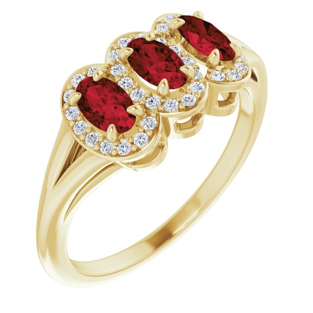 14K Gold Oval Natural Mozambique Garnet & Natural Diamond Halo-Style Three-Stone Ring – 5x3mm - Yellow Gold