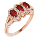 14K Gold Oval Natural Mozambique Garnet & Natural Diamond Halo-Style Three-Stone Ring – 5x3mm - Rose Gold