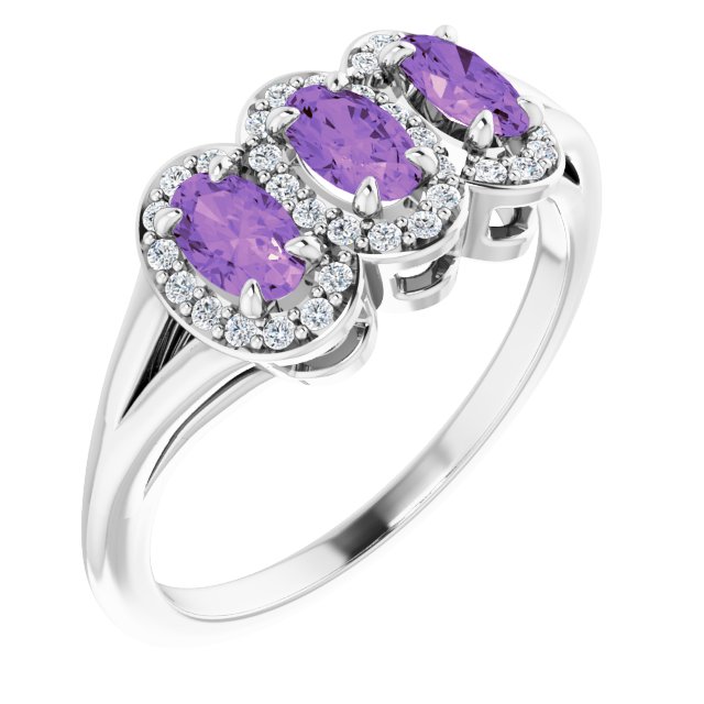 Platinum Oval Natural Amethyst & Natural Diamond Halo-Style Three-Stone Ring