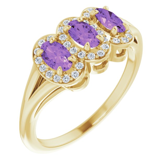 14K Gold Oval Natural Amethyst & Natural Diamond Halo-Style Three-Stone Ring - Yellow Gold