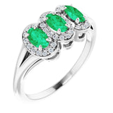14K Gold Oval Natural Emerald & Natural Diamond Halo-Style Three-Stone Ring - White Gold