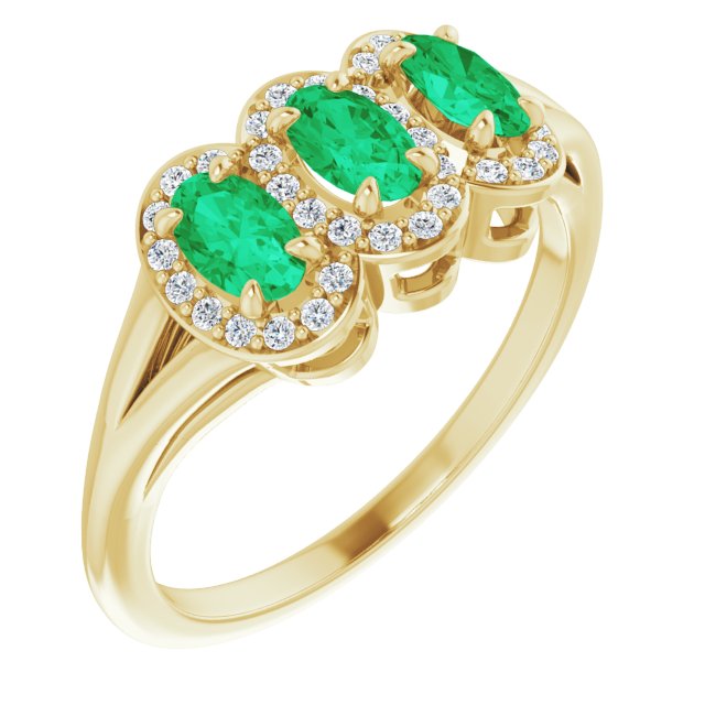 14K Gold Oval Lab-Grown Emerald & Natural Diamond Halo-Style Three-Stone Ring - Yellow Gold