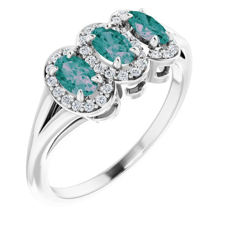 Platinum Oval Lab-Grown Alexandrite & Natural Diamond Halo-Style Three-Stone Ring