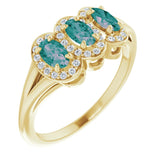 14K Gold Oval Lab-Grown Alexandrite & Natural Diamond Halo-Style Three-Stone Ring - Yellow Gold