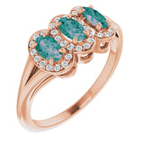 14K Gold Oval Lab-Grown Alexandrite & Natural Diamond Halo-Style Three-Stone Ring - Rose Gold
