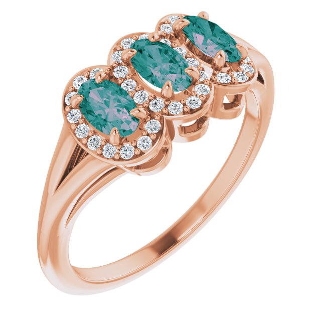14K Gold Oval Lab-Grown Alexandrite & Natural Diamond Halo-Style Three-Stone Ring - Rose Gold