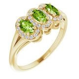 14K Gold Oval Natural Peridot & Natural Diamond Halo-Style Three-Stone Ring - Yellow Gold