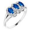 14K Gold Oval Natural Blue Sapphire & Natural Diamond Halo-Style Three-Stone Ring - White Gold