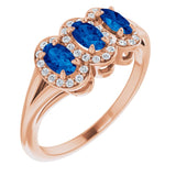 14K Gold Oval Natural Blue Sapphire & Natural Diamond Halo-Style Three-Stone Ring - Rose Gold