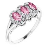 Platinum Oval Natural Pink Tourmaline & Natural Diamond Halo-Style Three-Stone Ring