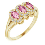 14K Gold Oval Natural Pink Tourmaline & Natural Diamond Halo-Style Three-Stone Ring - Yellow Gold