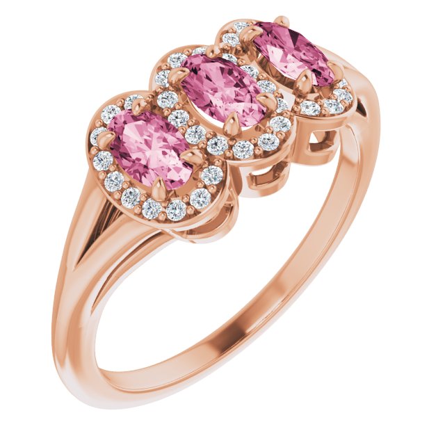 14K Gold Oval Natural Pink Tourmaline & Natural Diamond Halo-Style Three-Stone Ring - Rose Gold