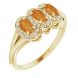 14K Gold Oval Natural Citrine & Natural Diamond Halo-Style Three-Stone Ring - Yellow Gold