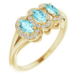 14K Gold Oval Natural Blue Zircon & Natural Diamond Halo-Style Three-Stone Ring - Yellow Gold
