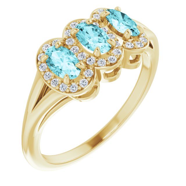 14K Gold Oval Natural Blue Zircon & Natural Diamond Halo-Style Three-Stone Ring - Yellow Gold