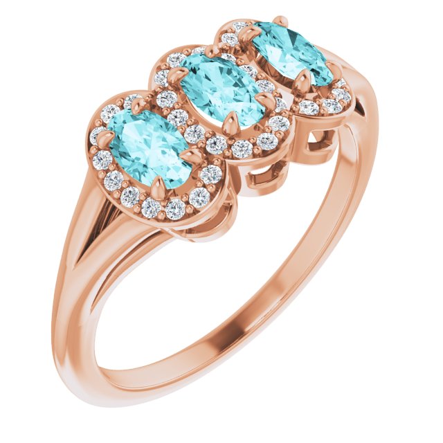 14K Gold Oval Natural Blue Zircon & Natural Diamond Halo-Style Three-Stone Ring - Rose Gold