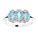 14K Gold Oval Natural Aquamarine & Natural Diamond Halo-Style Three-Stone Ring - White Gold - view 3