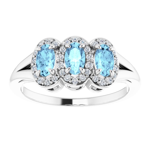 Platinum Oval Natural Aquamarine & Natural Diamond Halo-Style Three-Stone Ring - view 3