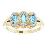 14K Gold Oval Natural Aquamarine & Natural Diamond Halo-Style Three-Stone Ring - Yellow Gold - view 3