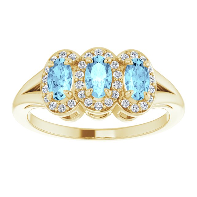 14K Gold Oval Natural Aquamarine & Natural Diamond Halo-Style Three-Stone Ring - Yellow Gold - view 3